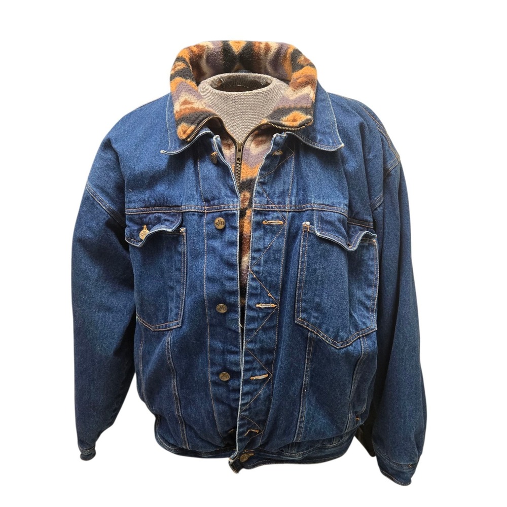 Vtg 90s Santa Fe Outback Denim Trucker Jacket Sz XL Aztec Fleece Lined Southwest